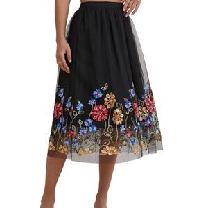 Floral Embroidered Tulle Tiered Midi Skirt Womens SM Romantic Coquette Cottage